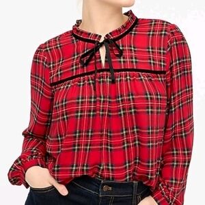 J. Crew Christmas Red Plaid Blouse with Black Velvet Bow Detail XL